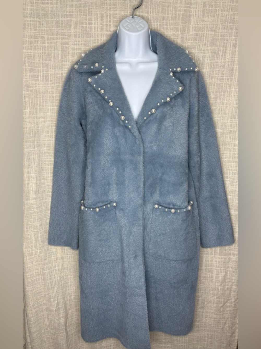 Joseph Ribkoff Feather Yarn Pearl Sweater Coat Chambray Blue NWT Size XS 261997 - Picture 7 of 9